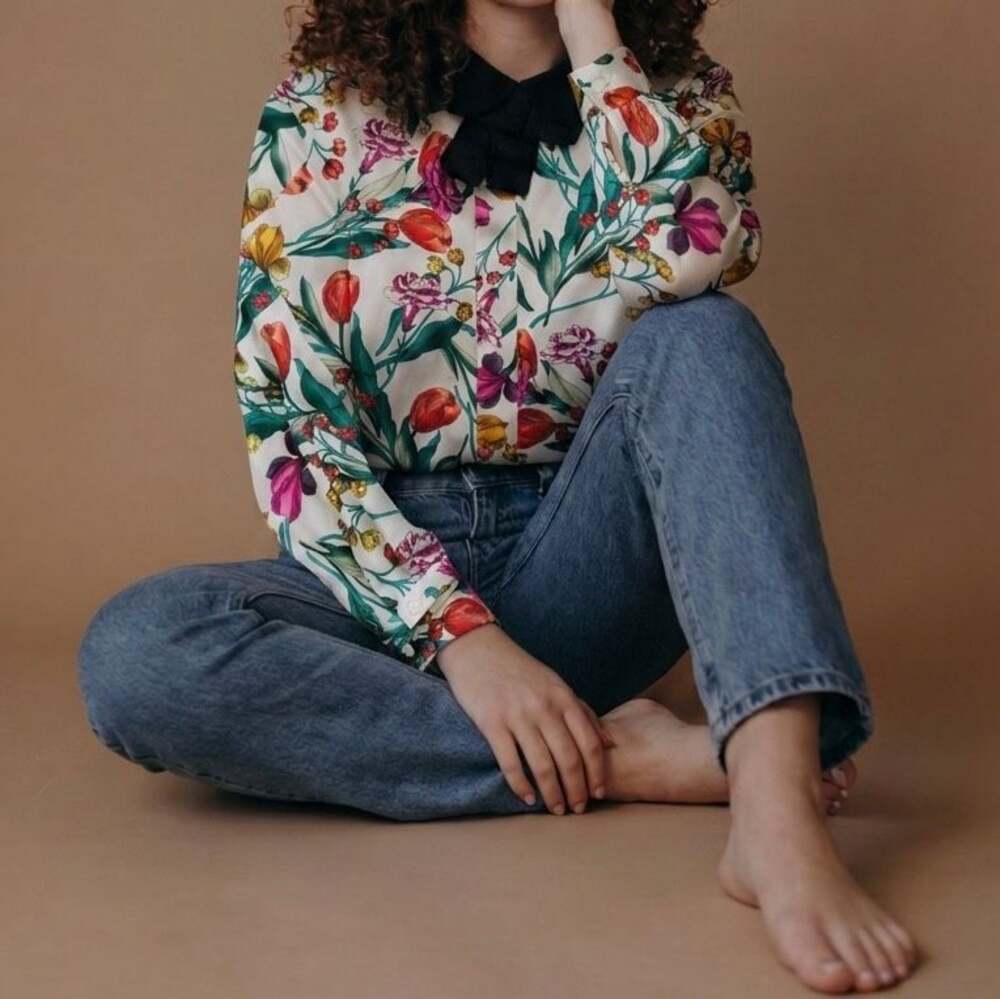 Zara Woman Floral Print Long Sleeve Button-Up Blouse with Black Bow Collar